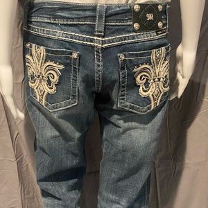 Miss Me Blue bootcut Jeans with leather and rhinestone embellishment 30
